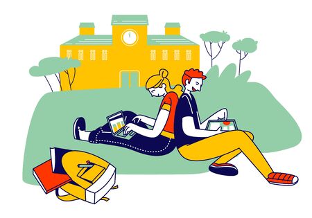 Young Man and Woman Students with Gadget and Books Sitting on Grass at College Yard Background. Girl and Boy Classmates Getting Education in University. Cartoon Flat Vector Illustration, Line Artのイラスト素材