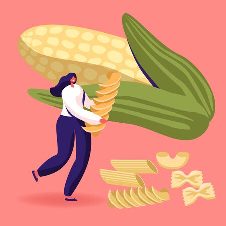 Carbohydrate Source Concept. Female Character Holding Pasta with Dry Macaroni of Various Kinds Scattered around and Huge Ears Corn. Italian Cuisine, Healthy Food Menu Cartoon Flat Vector Illustrationのイラスト素材
