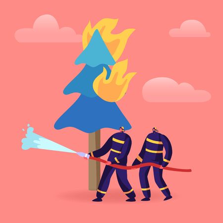 Couple of Firemen Fighting with Blaze at Burning Fir Tree in Forest. Brave Team in Firefighters Uniform and Hats Extinguish with Big Fire Spraying Water from Hose. Cartoon Flat Vector Illustrationのイラスト素材