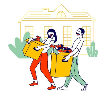 Young Man and Woman Caring Altruistic Volunteers Collecting Clothes to Cardboard Boxes for Donation to Poor Homeless People in Complicated Life Situation. Cartoon Flat Vector Illustration, Line Artのイラスト素材