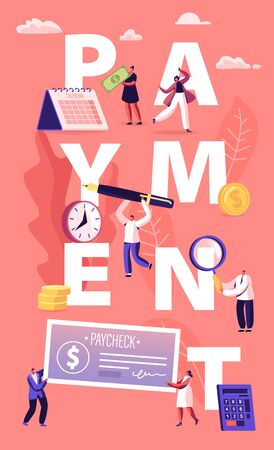 Payment Concept. People Paying Money for Services and to Bank Loan and Credit Using Cash and Paycheck. Male and Female Characters Tax Poster Banner Flyer Brochure. Cartoon Flat Vector Illustrationのイラスト素材