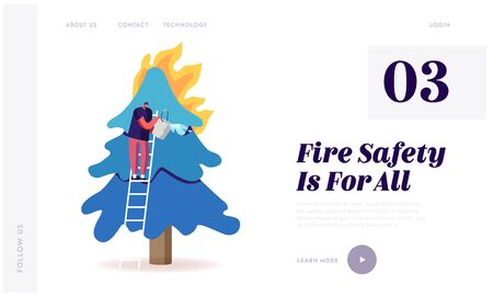 Volunteer Fire Fighter Extreme Profession Website Landing Page. Fireman Pouring Bucket with Water for Burning Tree in Forest Fighting with Blaze Web Page Banner. Cartoon Flat Vector Illustrationのイラスト素材