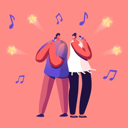 Cheerful Couple Singing Song in Karaoke Bar Standing with Microphones on Stage of Nightclub. Weekend Sparetime, Creative Hobby, Corporate Party Celebration, Tv Show. Cartoon Flat Vector Illustrationのイラスト素材