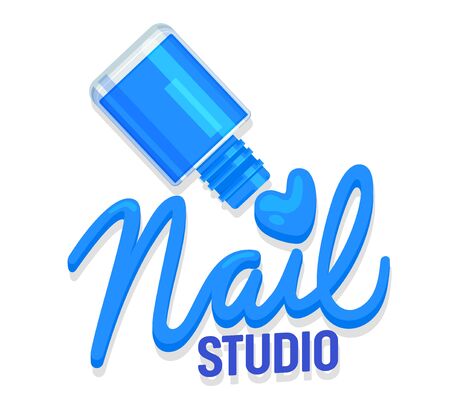 Nail Studio Icon or Tag Concept. Blue Polish Bottle and Typography Creative Manicure or Pedicure Beauty Salon Label for Branding or Poster Banner Flyer Brochure Design Cartoon Flat Vector Illustrationのイラスト素材