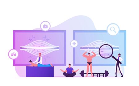 Muscle Tension Concept. Chiropractor Massaging Man with Pain in Tensed Muscles. Sportsman Bodybuilder Posing front of Screen with Healthy and Unhealthy Body Parts. Cartoon Flat Vector Illustrationのイラスト素材