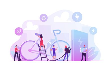 People Using Electric Bike in Big City. Male and Female Characters Bicycle for Traveling, Sports Life or Spare Time. Eco Transport Ecology Protection Healthy Lifestyle Cartoon Flat Vector Illustrationのイラスト素材