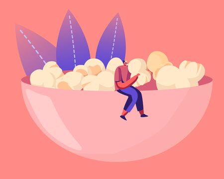 Male Character in Hipster Clothing Sitting on Huge Bowl Full of Pop Corn Enjoying Snack Eating. People Choose Crisp Food Contain Fast Carbohydrate Energy and Fat, Cartoon Flat Vector Illustrationのイラスト素材