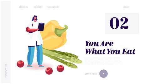 Dietology Science and Healthy Nutrition Website Landing Page. Female Doctor in White Robe Nutritionist Stand front of Huge Bell Pepper and Green Beans Web Page Banner. Cartoon Flat Vector Illustrationのイラスト素材