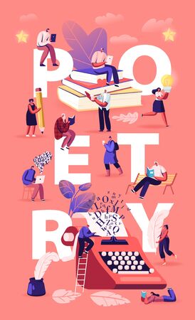 People Enjoying Reading and Writing Poetry Concept. Characters Read Classic Verses Books, Literature Poems. Ink Feather Usage Romantic Poster Banner Flyer Brochure. Cartoon Flat Vector Illustrationのイラスト素材