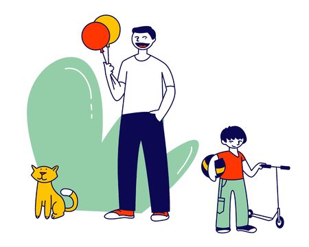 Happy Family of Little Cheerful Boy Walking with Dad Having Fun Outdoors. Father Day Holiday, Summertime Vacationのイラスト素材