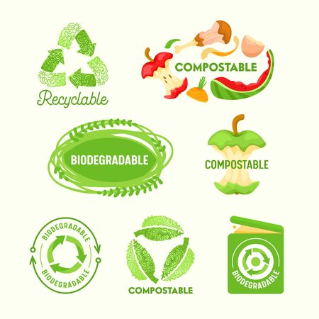 Set of Environmental Labels, Recyclable Triangle Sign, Compostable Waste, Biodegradable Garbage Litter Bin.のイラスト素材