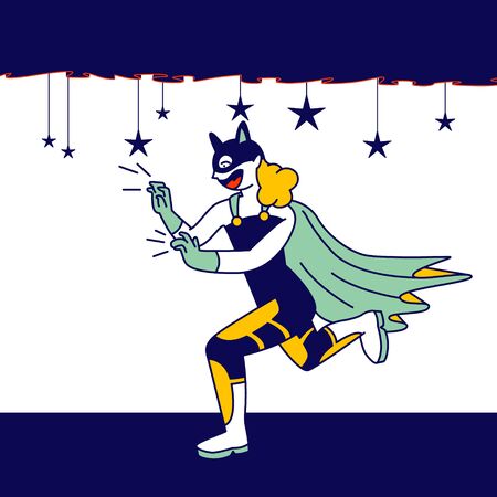 Schoolgirl Wear Costume of Cat Woman Superhero Personage Playing Role at Kids Theater Performance Acting on Scene with Decoration and Backstage. Talent Show Spectacle Cartoon Flat Vector Illustrationのイラスト素材