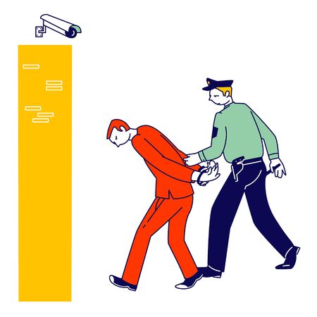 Arrest of Criminal in Police Station, Policeman Wearing Uniform Lead Suspect Bandit in Handcuffs to Cell, Man Officer Bringing New Prisoner to Jail. Cop Work in Prison Cartoon Flat Vector Illustrationのイラスト素材
