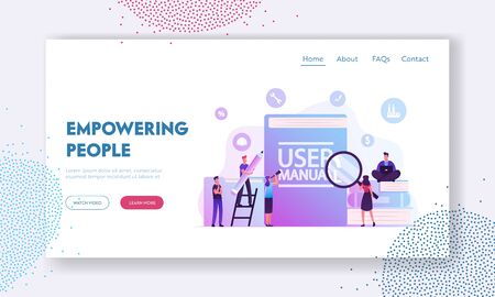 User Manual Website Landing Page. People with Some Office Stuff Discussing Content of Guide. People Read Book with Instructions Using Tech Equipment Web Page Banner. Cartoon Flat Vector Illustrationのイラスト素材