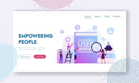 User Manual Website Landing Page. People with Some Office Stuff Discussing Content of Guide. People Read Book with Instructions Using Tech Equipment Web Page Banner. Cartoon Flat Vector Illustration