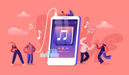 Young People Listen Music on Mobile Phone Application Concept. Tiny Male and Female Characters Wearing Headphonesのイラスト素材
