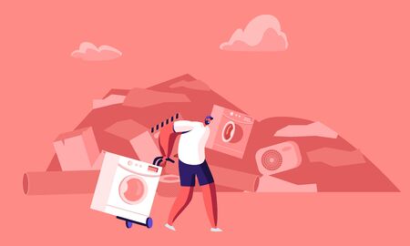 Man Pulling Old Washing Machine on Manual Forklift Cart to Scrapmetal Dump. Metallic Things Reuse and Recycling Industry, Environment Protection, Scrap Metal Pollution Cartoon Flat Vector Illustrationのイラスト素材