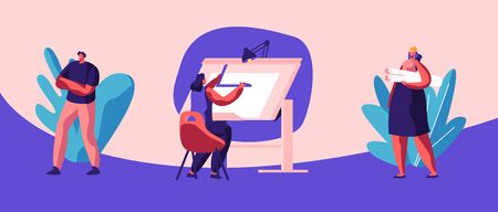 Set of Building and Engineering Profession, Occupation or Job. Architects and Construction Engineers Working on Architecture Project Painting Plan on Blueprint, Cartoon Flat Vector Illustrationのイラスト素材