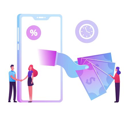 Huge Hand from Smartphone Screen Stretch Money to Woman Shaking Hands with Bank Employee. Micro Credit Finance Organization Service, Loan with Huge Percent, Banking Cartoon Flat Vector Illustrationのイラスト素材