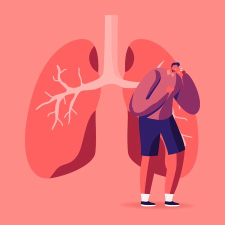 Man Coughing near Huge Diseased Lungs, Pulmonology Inspection, Respiratory System Examination Healthcare and Tuberculosis Treatment Concept. Respiratory Problems Cartoon Flat Vector Illustrationのイラスト素材