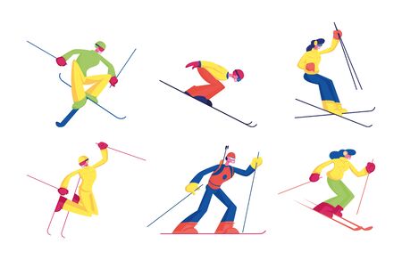 Set of Skiing Sport Activity Isolated on White Background. Male and Female Characters in Sports Wear Training, Take Part in Tournament, Competition. Winter Time Resort Cartoon Flat Vector Illustrationのイラスト素材