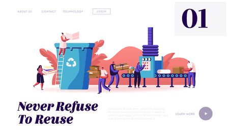 Paper Waste, Environmental Protection Website Landing Page. People Throw Garbage to Recycle Litter Bin Sortのイラスト素材