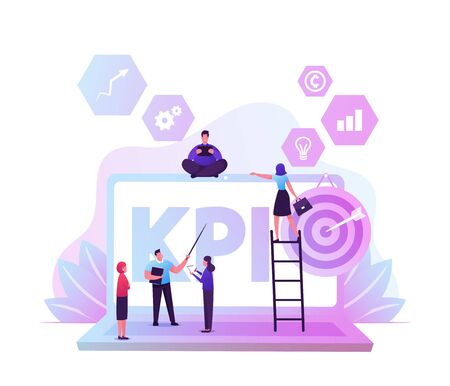Kpi Data Report, Key Performance Indicators with Business Characters and Infographics Elements, Metrics Analysis. Company Management, Measure Marketing Campaign, Cartoon Flat Vector Illustrationのイラスト素材