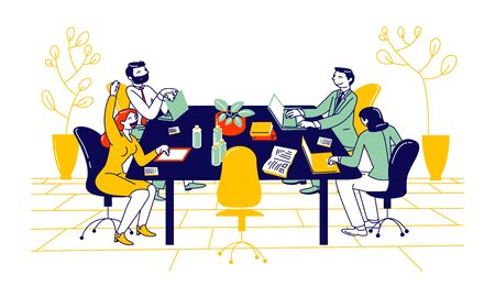Business People Study in Financial School, Employees in Office. Businesspeople at Table Working on Laptops, Gaining Education. Brainstorming Group Solve Task Cartoon Flat Vector Illustration, Line Artのイラスト素材