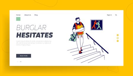 Pickpocketing Activity Website Landing Page. Tourist Holding Backpack on Chest Hiding from Pickpockets while Visiting Museum in Foreign City Web Page Banner. Cartoon Flat Vector Illustration, Line Artのイラスト素材