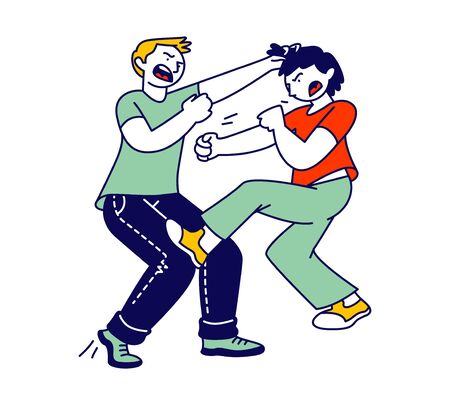 Naughty Hyperactive Children Fighting, Couple of Little Boys Playing and Making Mess. Little Kids Fooling and Fight Around, Aggressive Behaviour, Quarrel Cartoon Flat Vector Illustration, Line Artのイラスト素材
