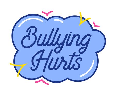 Bulling Hurts Typography in Cloud with Colorful Random Elements Isolated on White background. Anti Cyber Bullying Concept for Banner, Icon or Sticker, Kids Style Design Cartoon Vector Illustrationのイラスト素材