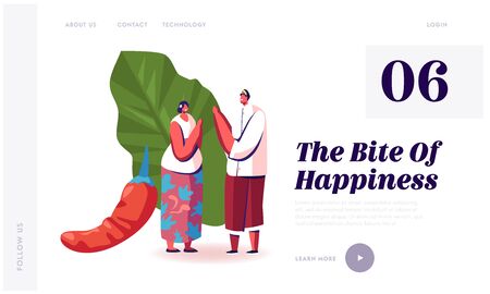 Indonesian Asian Cuisine Website Landing Page. Positive Malaysian Man and Woman in Traditional Costumes Greeting Each Other near Huge Red Chilli Pepper Web Page Banner Cartoon Flat Vector Illustrationのイラスト素材