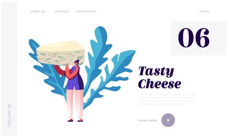 Delicatessen Production Website Landing Page. Woman Hold Huge Piece of French Roquefort Cheese with Blue Fungus Enjoying Expensive Gourmet Product Web Page Banner. Cartoon Flat Vector Illustrationのイラスト素材