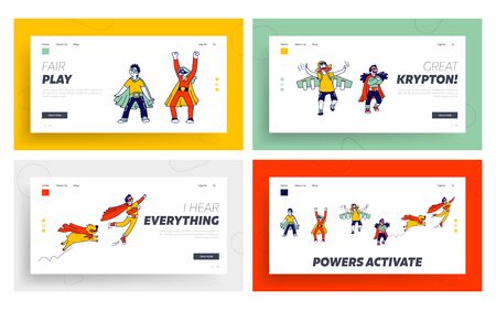 Superhero Kids Characters Playing and Having Fun in Comics Costumes with Funny Dog Landing Page Template Set. Children Go Back to School, Kindergarten Theater Performance. Linear Vector Illustrationのイラスト素材