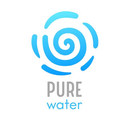 Pure Water Sea Wave Banner with Typography. Liquid Ocean Curved Spiral Shaped Line on White Background. Blue Fresh Aqua in Motion Design Element, Template, Advertising Poster. Vector Illustrationのイラスト素材