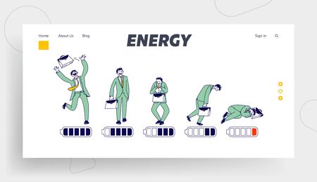 Male Character Working Week or Day Landing Page Template. Businessman Energy Level Timeline from Happy Active Position to Exhausted Man Sleeping with Low Battery Charge. Linear Vector Illustrationのイラスト素材