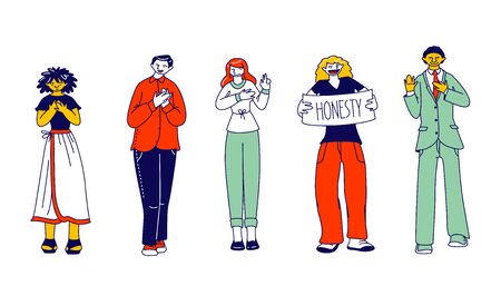 Group of Diverse Multiracial People Stand in Row Show Honesty Banner. Characters Gesturing Put Hand...