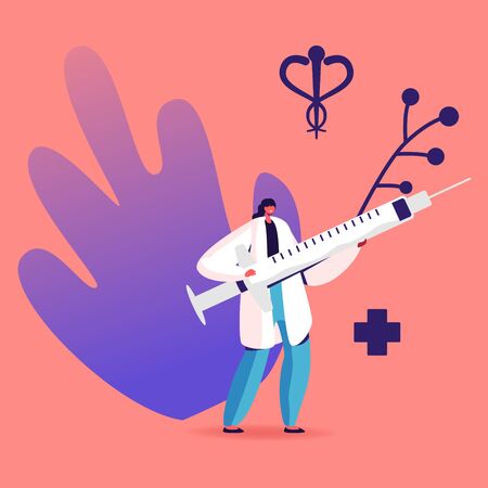 Tiny Female Doctor Character Carry Huge Syringe with Antibiotic or Medicine for Illness Healing, Vein Thrombosis Treatment. Vaccination, Diseases Medication Concept. Cartoon Vector Illustrationのイラスト素材