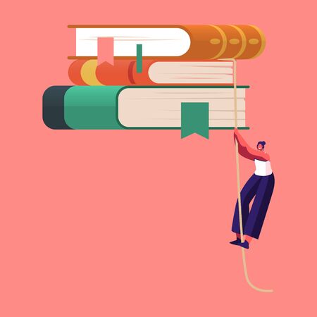 Tiny Female Character Climbing by Rope on Bookshelf with Huge Books. Education, Preparation to Exams and Reading Hobby. Girl Student in Library, Archive with Bookcase. Cartoon Vector Illustrationのイラスト素材