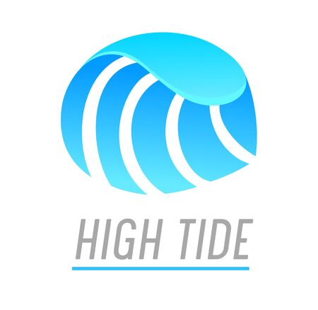 Water Wave and Pure Drop Banner with High Tide Typography. Liquid Ocean or Sea Line on White Background. Blue Fresh Aqua in Motion Design Element, Template, Advertising Poster. Vector Illustrationのイラスト素材