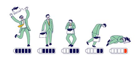 Businessman Energy Level Timeline from Happy Active Position till Exhausted Tired Man Lying on Floor Sleeping with Low Battery Charge. Male Character Working Week or Day. Linear Vector Illustrationのイラスト素材