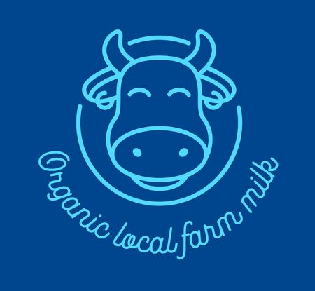 Organic Local Farm Milk Outline Icon with Cow Head on Blue Background. Raw Healthy Food Badge, Tag for Packaging. Bio Drink Sign, Design Template for Banner, Flyer or Brochure. Vector Illustrationのイラスト素材