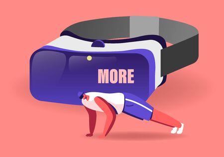 Male Character in Vr Glasses Training in Virtual Reality Cyberspace. Young Sportsman in Sports Clothing and Goggles Headset Push Up Fitness Exercising, Sports Workout. Cartoon Vector Illustrationのイラスト素材