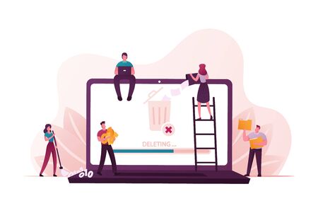 Tiny People Deleting Information Concept. Male and Female Characters around of Huge Laptop Throw Documents and Files into Litter Bin, Sweeping Binary Code and Destroy Docs. Cartoon Vector Illustrationのイラスト素材