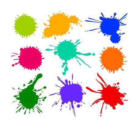 Set of Cartoon Blots and Splatters, Multicolored Blob Icons Isolated on White Background. Bright Paint Brush Yellow Red Blue and Green Colors. Colorful Design Elements, Splashes. Vector Illustration