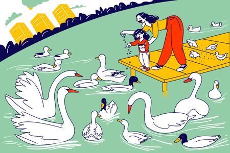Happy Family Walking in Park. Mother and Little Child Characters Feed Ducks, Swans and Doves. Woman and Girl Weekend Spare Time, Mom and Daughter Leisure on Nature. Linear People Vector Illustrationのイラスト素材