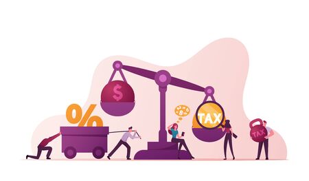 Group of Business People Characters near Huge Scales with Tax and Money Weight, Businessmen and Businesswomen Bank Loan, Tax Payment Obligation, Financial Debt Concept. Cartoon Vector Illustrationのイラスト素材