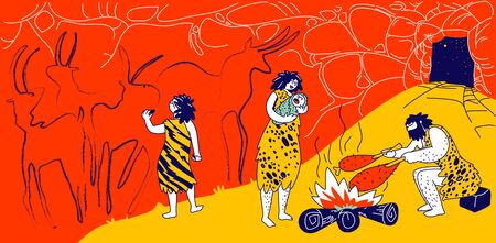 Primitive People Caveman Family Living in Cave with Bonfire. Human Characters of Tribe Members....