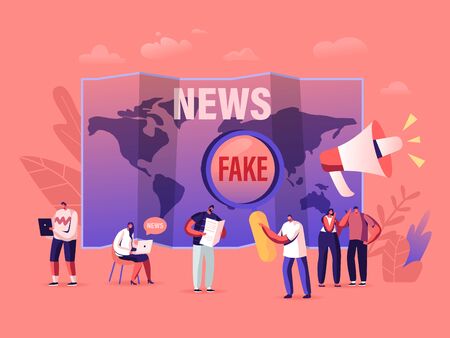 Fake News and Gossips. Tiny People Reading Newspapers and Social Media Information in Internet on World Mapのイラスト素材