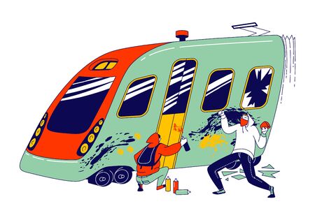 Graffiti Painters Waste Van. Male Characters Wear Hoodies Spraying Paint from Aerosol Bottle Damage Subway Train. Teens with Phsychology Problems Sweep Aggression. Linear People Vector Illustrationのイラスト素材